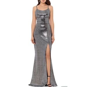 Betsy & Adam Silver Sequin Maxi Dress with Side Slit